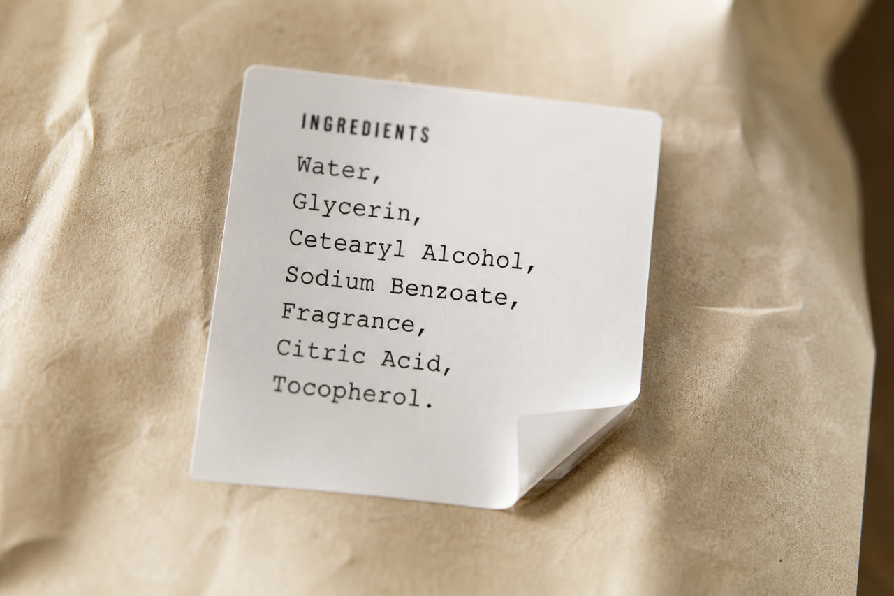 A printed ingredient label on grocery paper